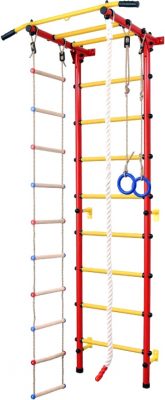 Шведская стенка детская №2 с фиксированным турником, лестницей, канатом, кольцами, красная