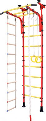 Шведская стенка детская в распор №2 с съемным турником, лестницей, канатом, кольцами, красная