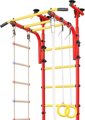 Шведская стенка детская в распор №2 с съемным турником, лестницей, канатом, кольцами, красная