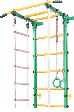 Шведская стенка детская №2 с фиксированным турником, лестницей, канатом, кольцами, зеленая